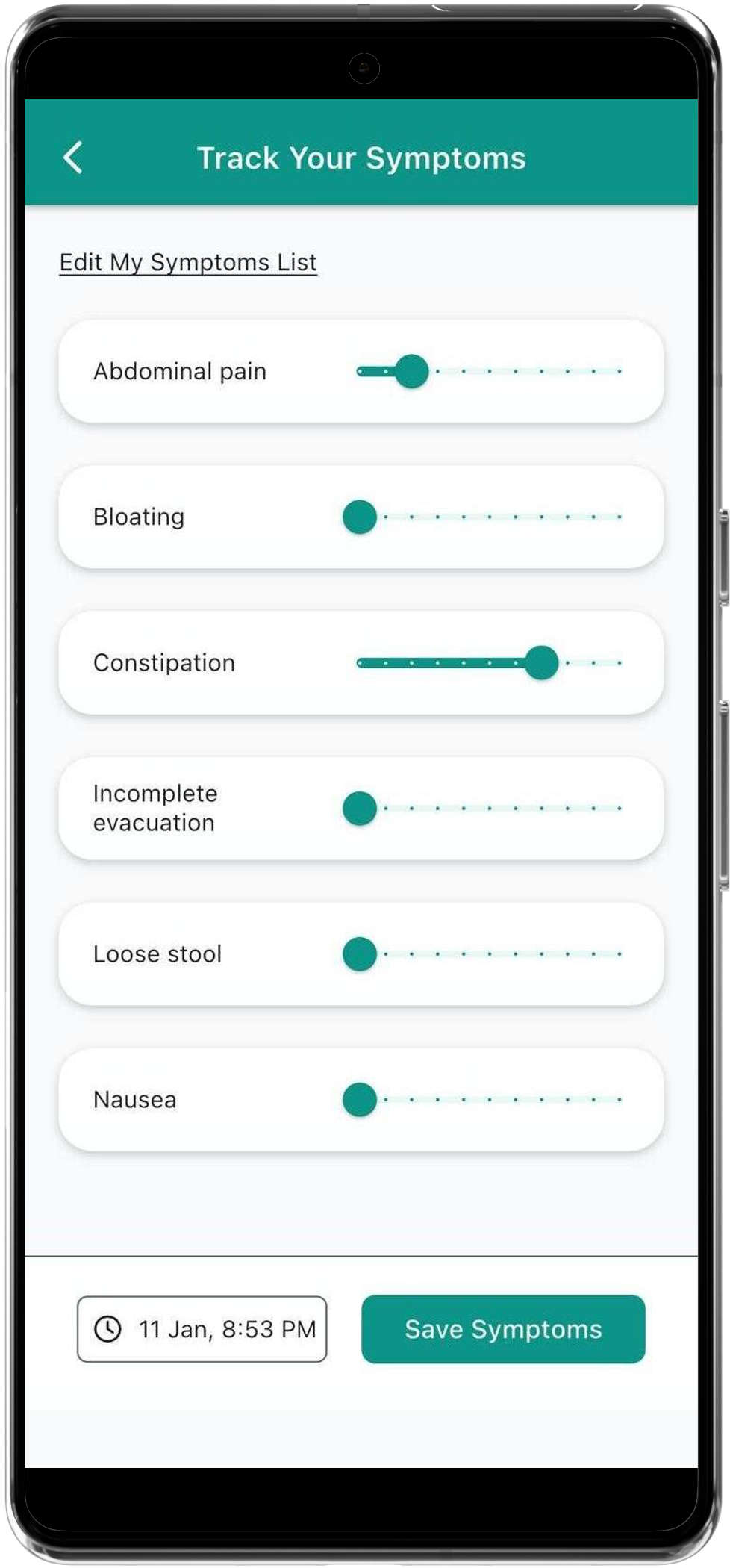 GutDiaries Symptoms screen with sliders for IBS and gut symptoms